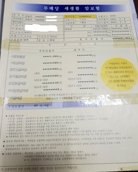 2001년 암보험 증권